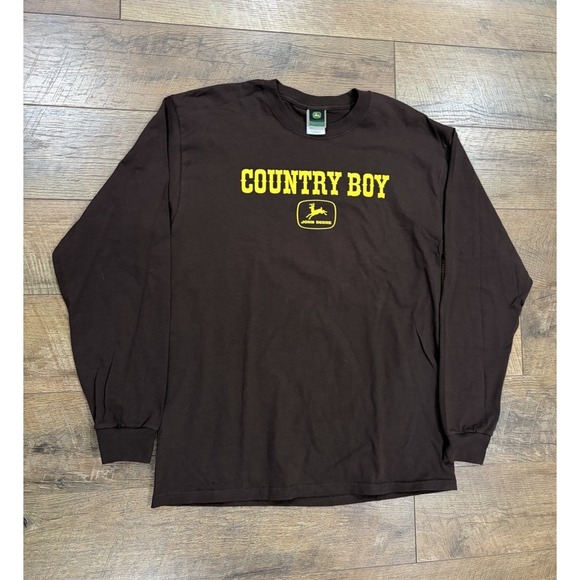 Vintage 90s John Deere‎ Country Boy Long Sleeve T-Shirt Brown Yellow Large